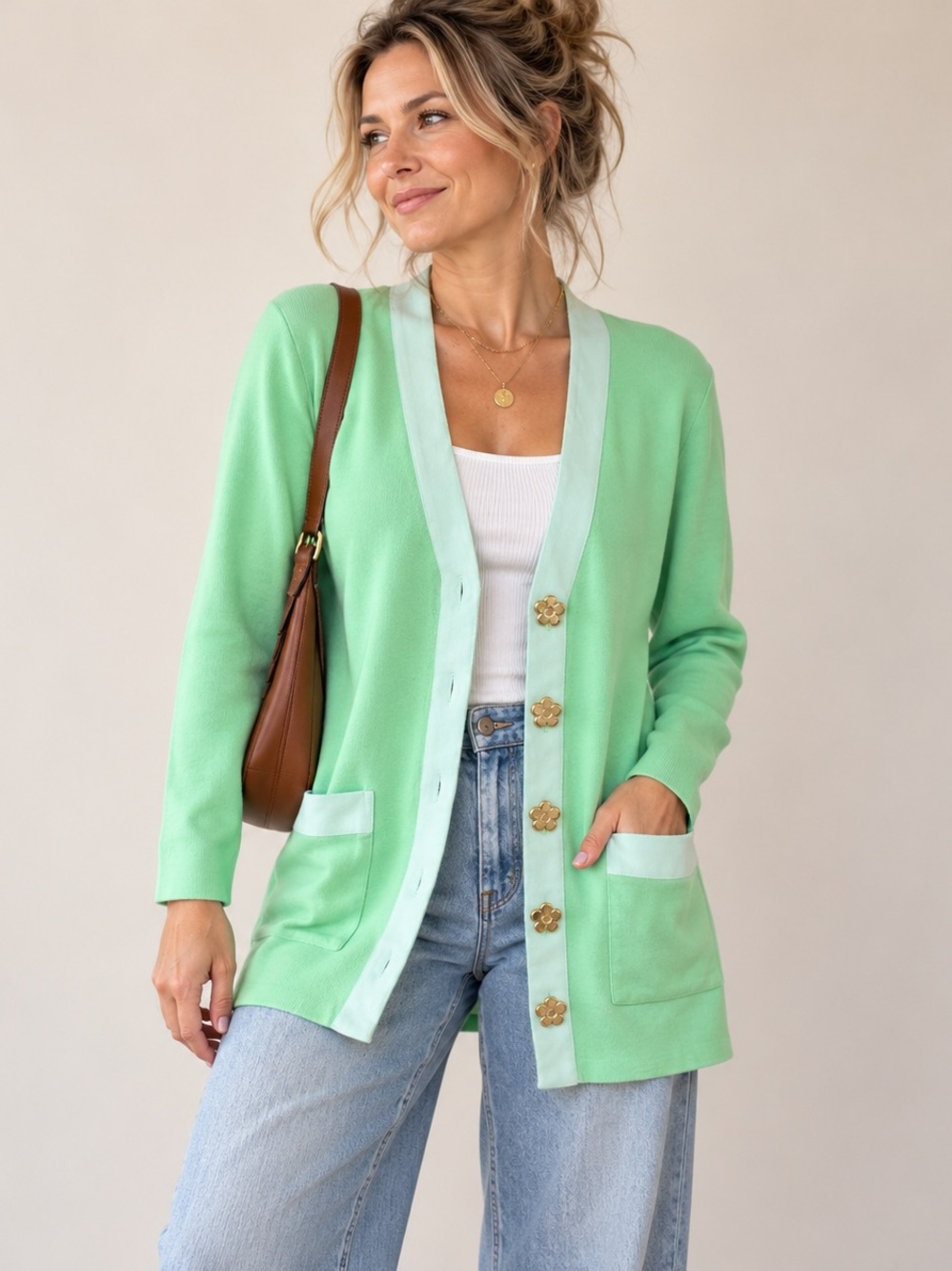 Vintage Japanese GALAFIN Mint Green Flower Button Cardigan